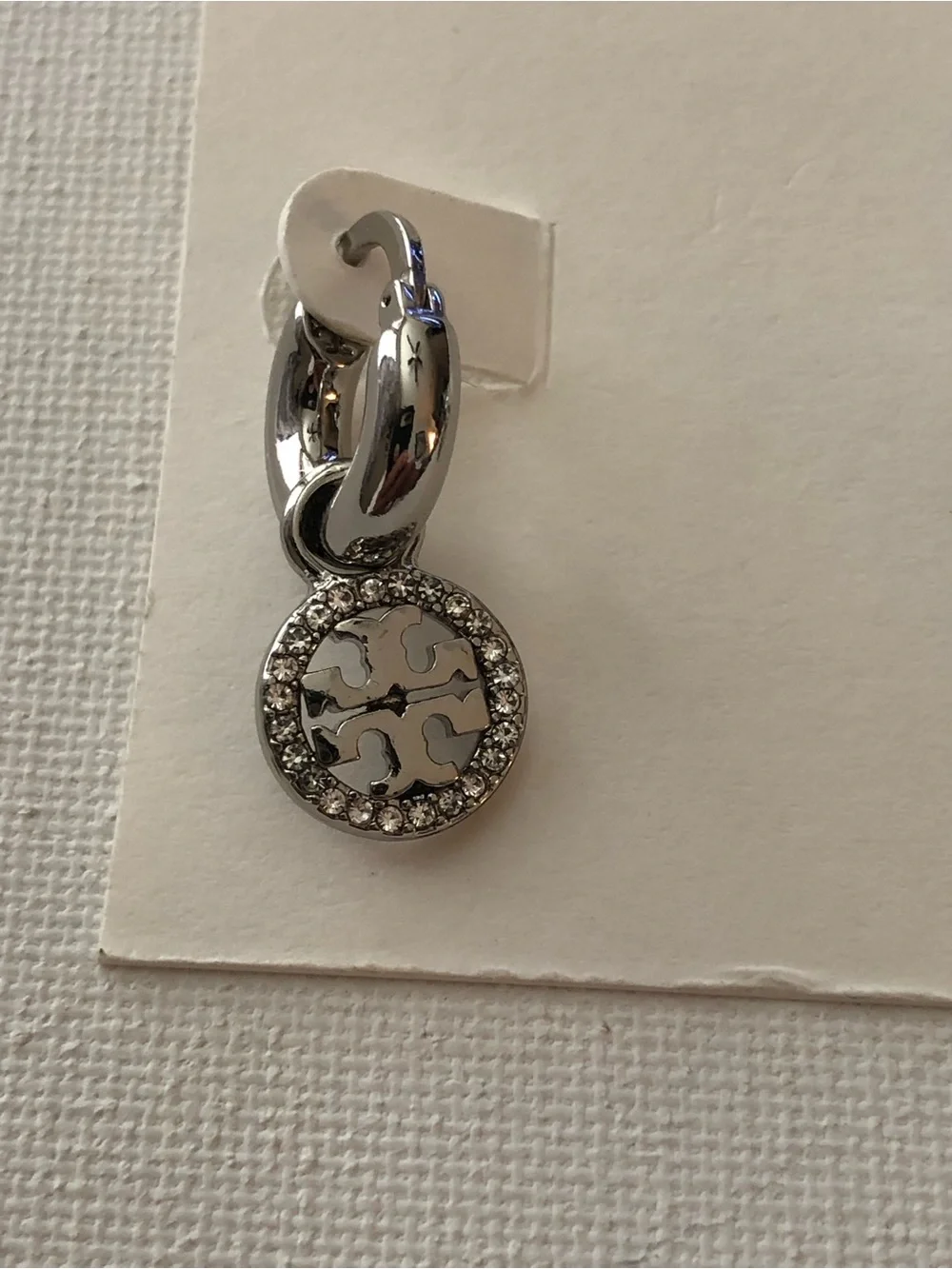 Tory Burch Silver-Tone Logo Drop Hoop Earrings with Crystal Halo